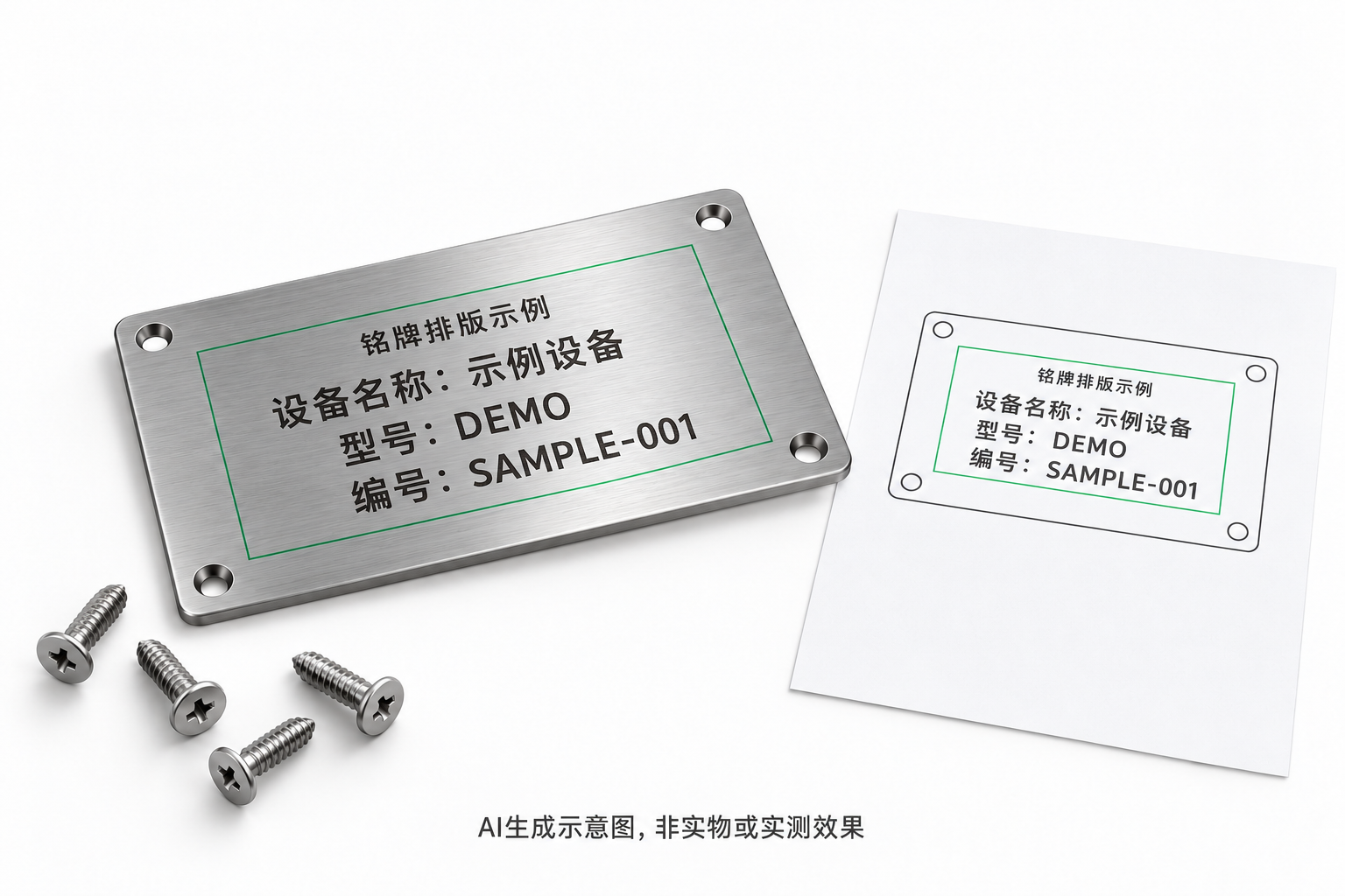 金属铭牌示例文字避开安装孔的打标排版,AI生成示意图,非实物或实测效果