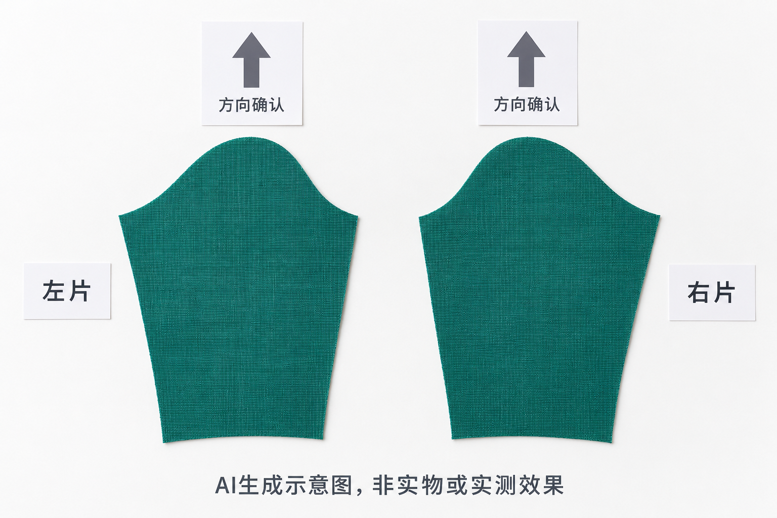 服装左右裁片与方向交接标记,AI生成示意图,非实物或实测效果