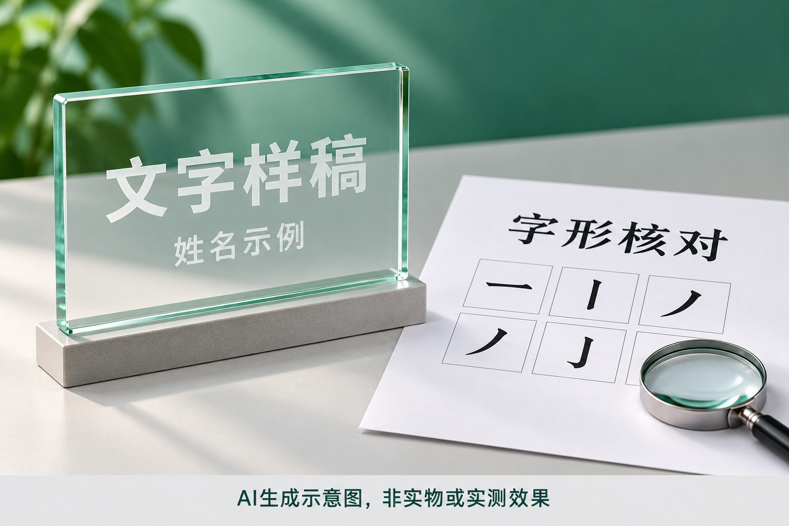 玻璃纪念牌文字样稿与字形核对,AI生成示意图,非实物或实测效果